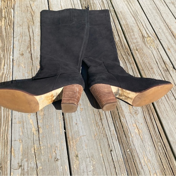 Cole Haan Davenport Tall Black Pebbled Nubuck Leather Stacked Block Heel Boots - Picture 3 of 9